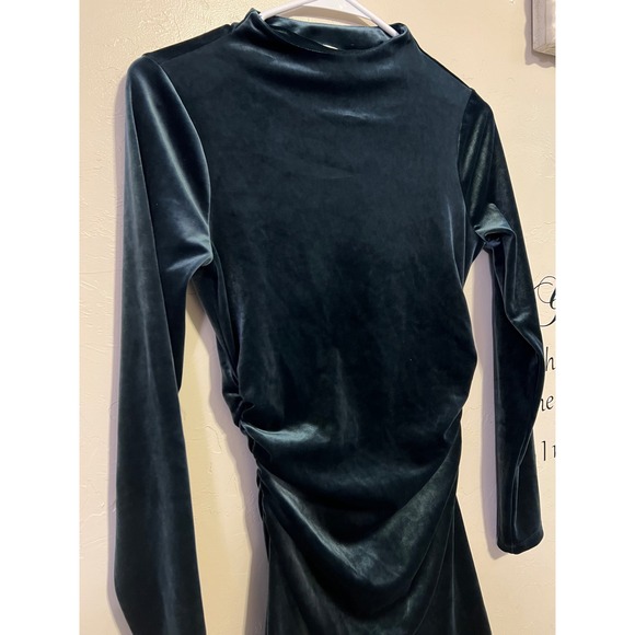 Abercrombie & Fitch Emerald Green Velvet Ruched Mock Neck Mini Dress Paloma long - Picture 2 of 8